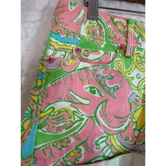 Lilly Pulitzer Clifton Stretch Denim Short Pink Green Blue Elephant Women Size 2 - Picture 5 of 12